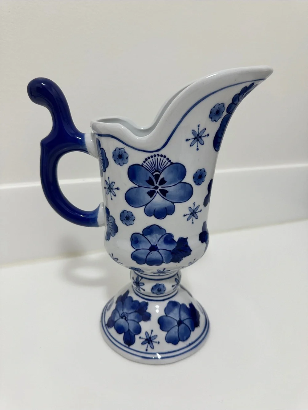 Blue & White Floral Pedestal Pitcher Vase – Decorative Home Decor